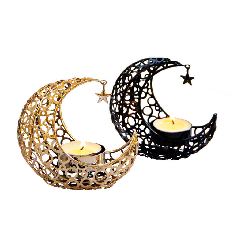 Light Luxury Crescent Moon Star Moon Black Gold Metal Candle Holder Modern Romantic Wedding Christmas Candle Cup Home Decor