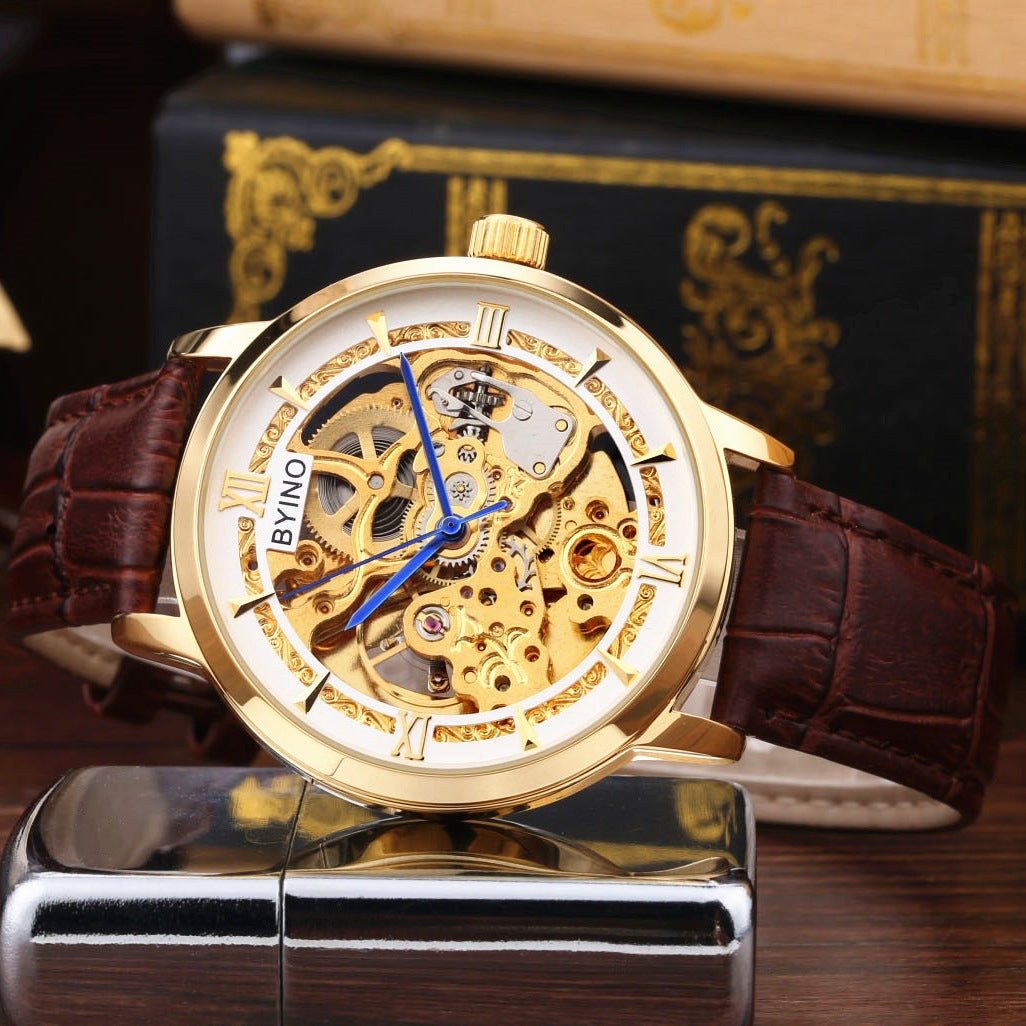 Authentic Mens Casual Leather Hollowing Automatic Mechanical Watches Through The End Of The Golden Youth Men's Wholesale Waterproof