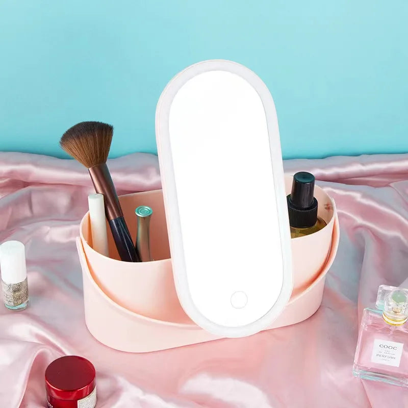 Makeup Organizer Box with LED Light Mirror Portable Travel Makeup Cosmetics Organizer Touch Light Storage Makeup Case